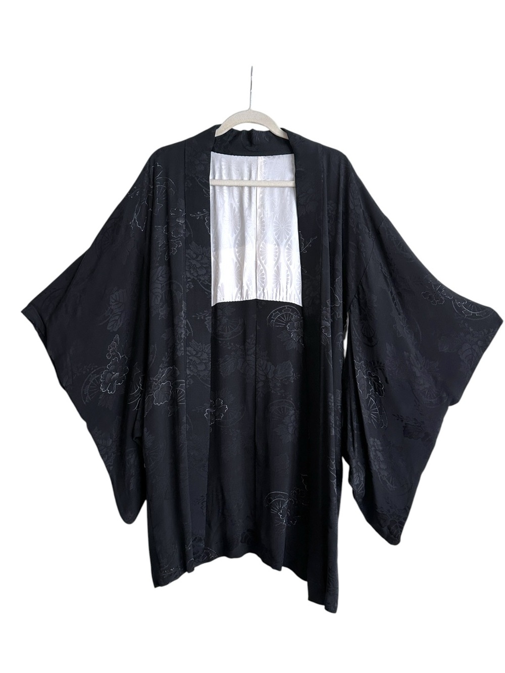 Vintage Japanese Black Silk Haori Kimono Jacket Jacquard Floral Shōwa Era OS